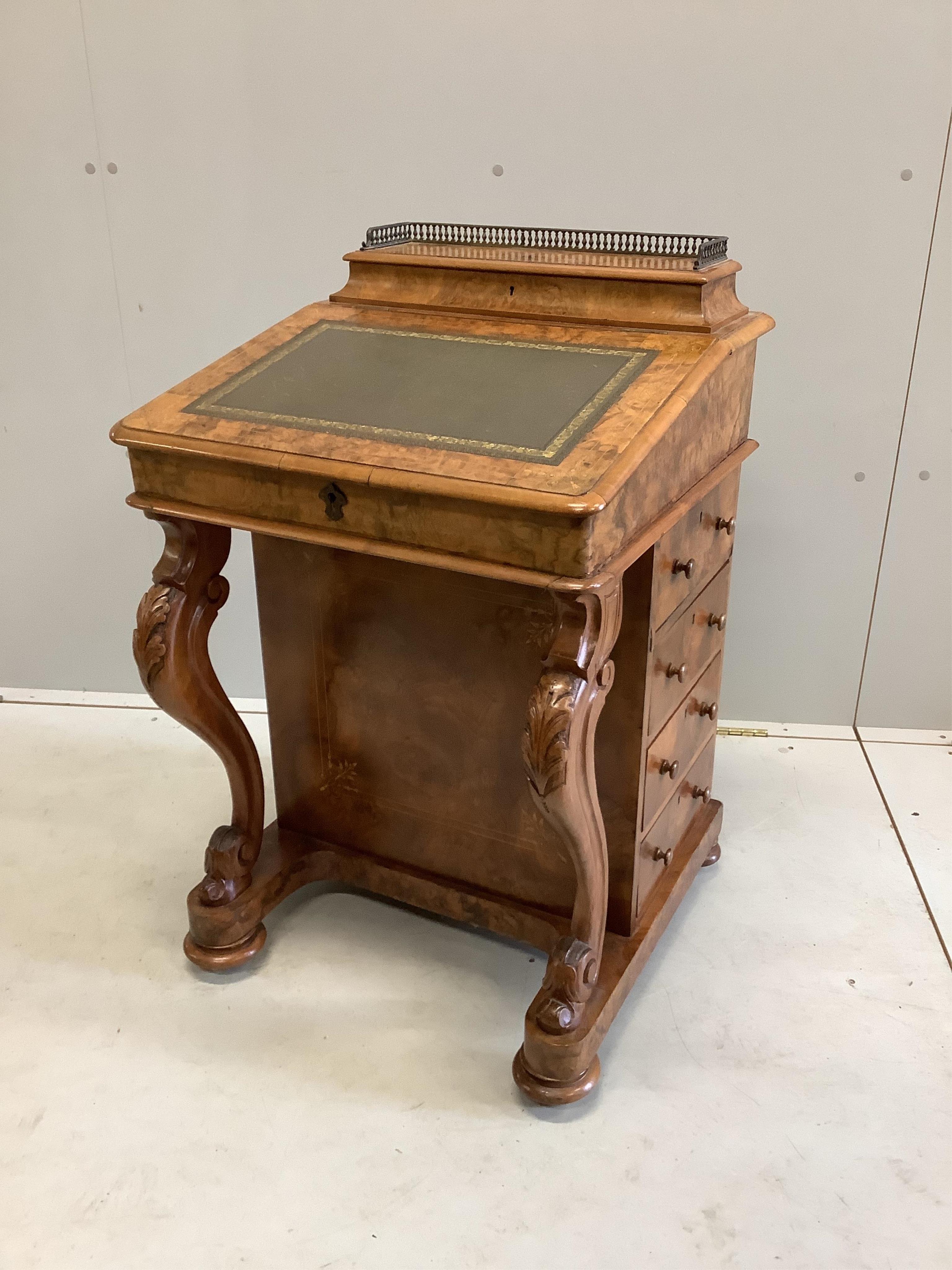 A Victorian inlaid burr walnut Davenport, width 53cm, depth 54cm, height 85cm. Condition - good